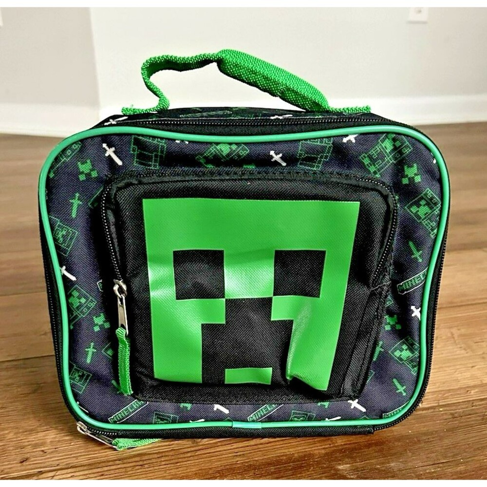 Minecraft Creeper Green Black White Insulated Zipper Lunch Box Bag Tote